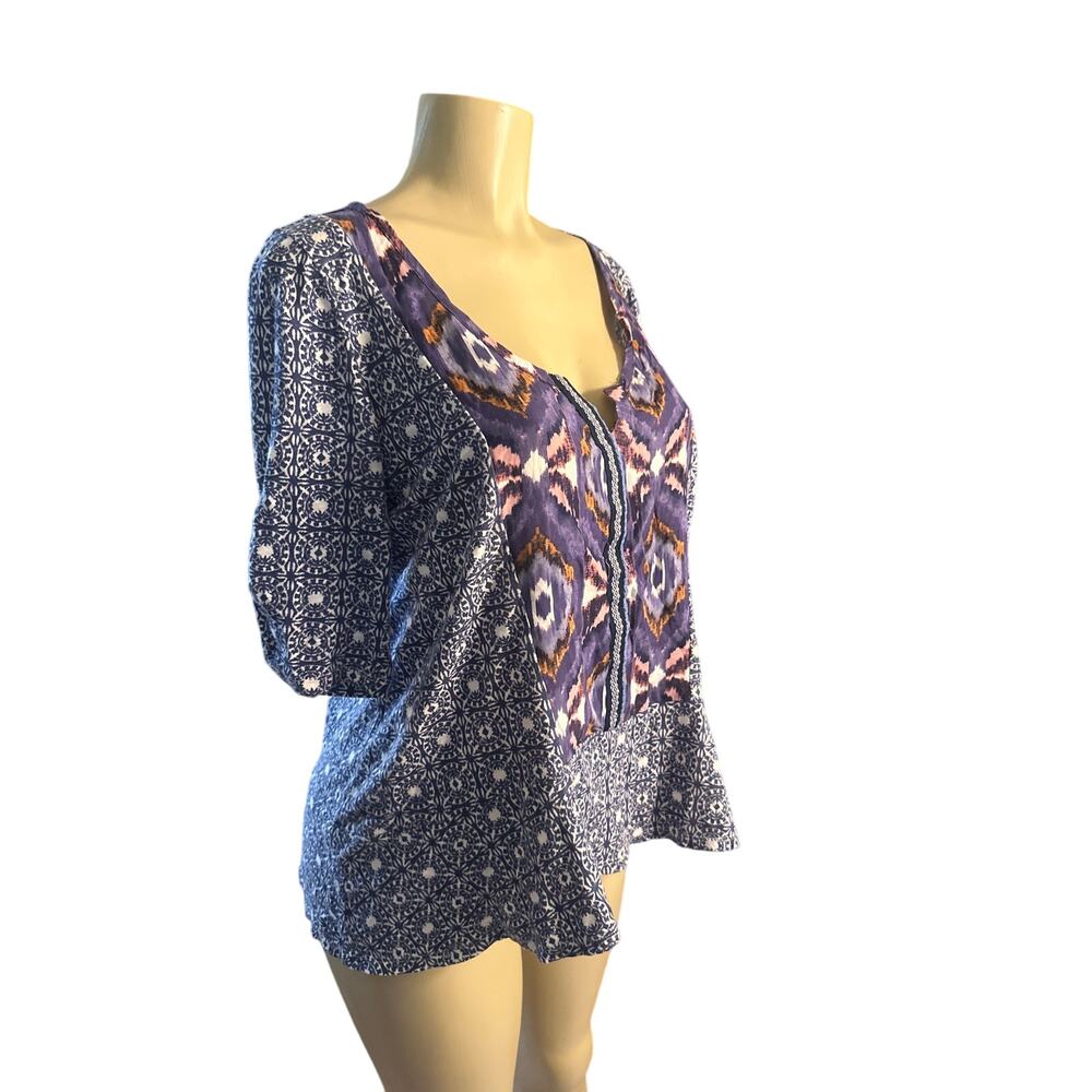Women L Anthropologie Akemi + Kin Blue Ikat Printed Blouse Shirt Top Split Neck